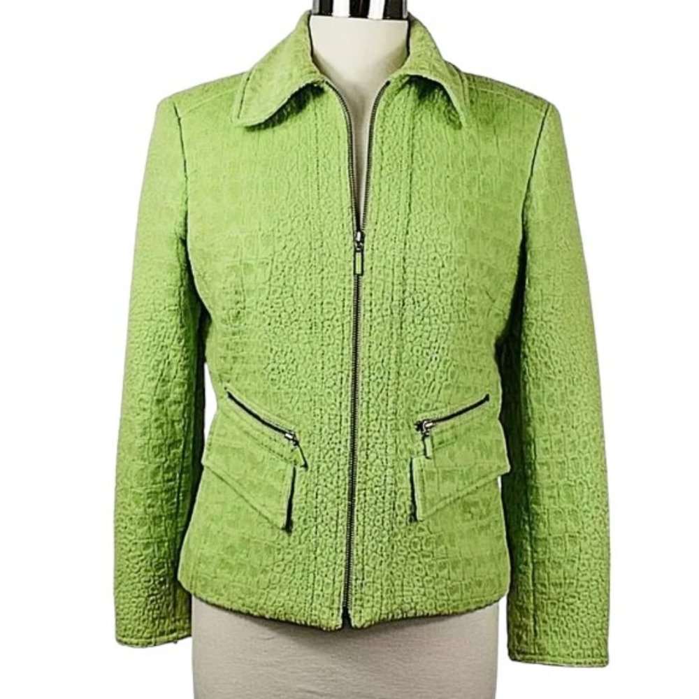 Unique Carlisle Green Angora-Wool Blend Embossed Moto Zip Jacket